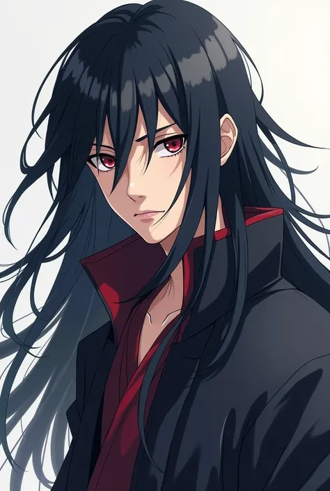  A seventeen-year-old boy , light and white skin,  of deep jet black hair and eyes , beautiful and captivating face and posture ,  the physique of a ninja but the intelligent gaze of a strategist,  long hair down to below the waist , with an almost etherea...