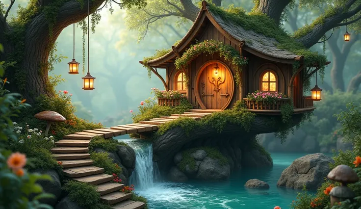 Fantasy scene Prompt :

a charming,  medieval elf house in a magical fantasy world .  The house is made entirely of wood and is located high up on a large ,  enchanted branch of a majestic tree ,  covered by clear ,  sparkling stream .  The roof is filled ...