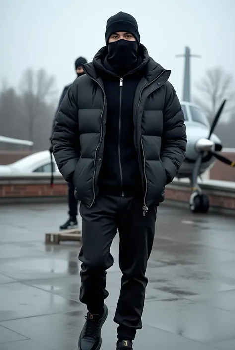 A man on the terrace in black pants, black jacket, air force 1 negros , sexy, manly,
 and Gucci balaclavas negrs, winter. Safe house. Prive plane, armed bodyguards behind him  brazos abiertos portada de album 
 

