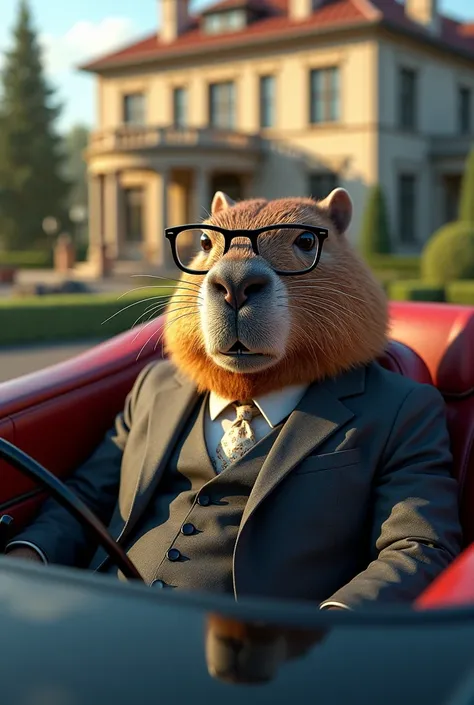 A capybara in glasses and a suit and a luxury car and a mansion behind it, that capybara has to be toothed showing its teeth, the image has to be super-realistic and its in the car ready.