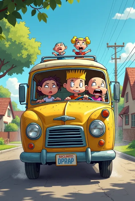 All the Rugrats traveling in an uncontrolled van being driven by Tomy and that Carlitos is worried