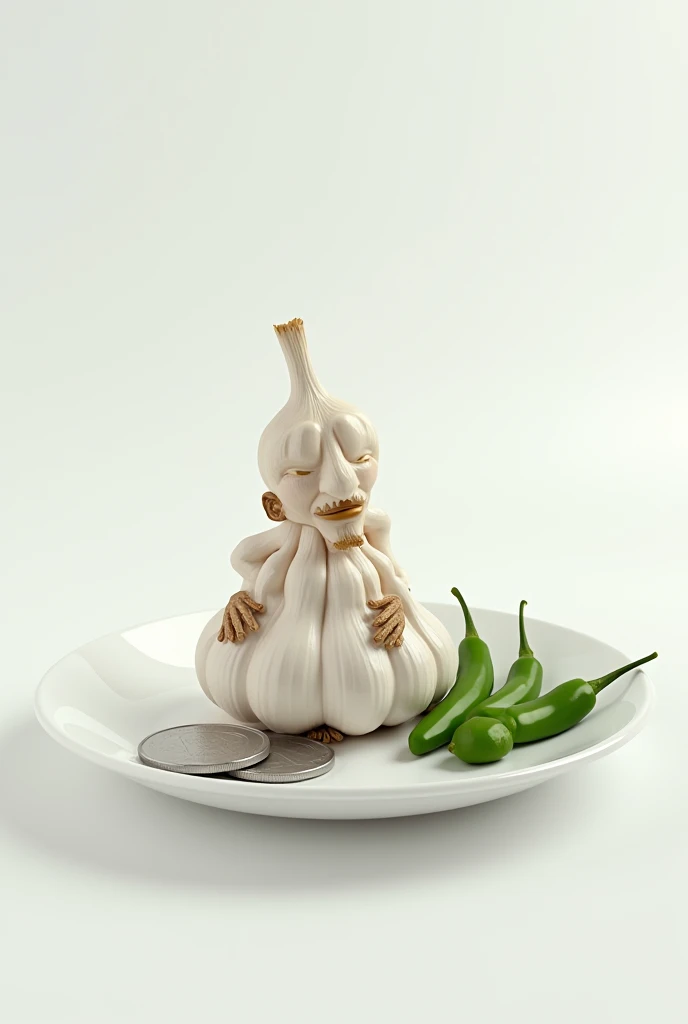 Male garlic on a white plate and a silver coin and four green chilies