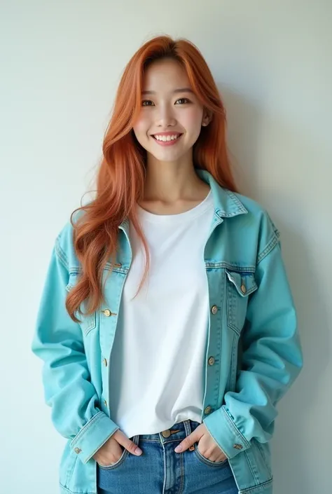 Up close, a beautiful young korean woman, clean face, sharp nose, long hair bright peach colors, is standing looking forward while smiling, with both hands in her trouser pockets, she is wearing a white loose t- shirt, turquoise jeans jacket , blue denim p...