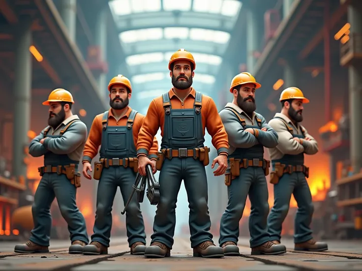 Five working men in the industry image in 3d format