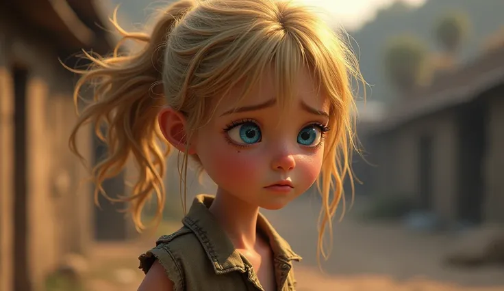 very poor, thin girl with messy blonde hair tied loosely. Her blue eyes are sad and teary, Disney animation pixers 3d 