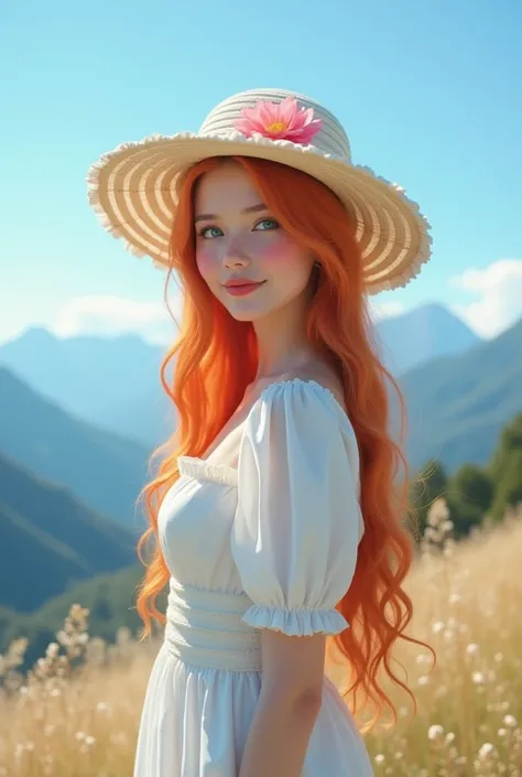 A lonely girl with long orange hair cascading down her back stands gracefully in the middle of a picturesque mountain landscape under a clear blue sky. She exudes serenity thanks to her bright blue skin, dressed in a charming white dress with puffy sleeves...