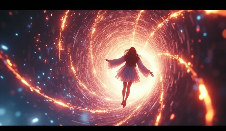 Scene Overview: The Valkyrie enters a wormhole. Visual Elements: A swirling vortex of energy and light. Lighting and Colors: Bright, multicolored lights form a tunnel. Dynamics and Motion: She flies into the wormhole, the vortex swirling around. Focus and ...