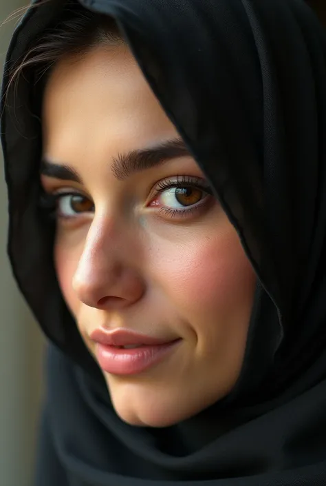 Face of an Arab woman ,  brown eyes ,  long eyelashes , Profiled nose,  full lips, Smooth skin ,  she is smiling and is wearing a hijab 