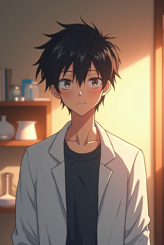  A tall, thin young man ，Unruly short black hair ， with a slight scar on the chin，It looks a bit mature ，wearing a white lab coat， With a slightly shy but strong expression on his face， The background is a warm indoor lab environment ，Soft Light，Japanese a...