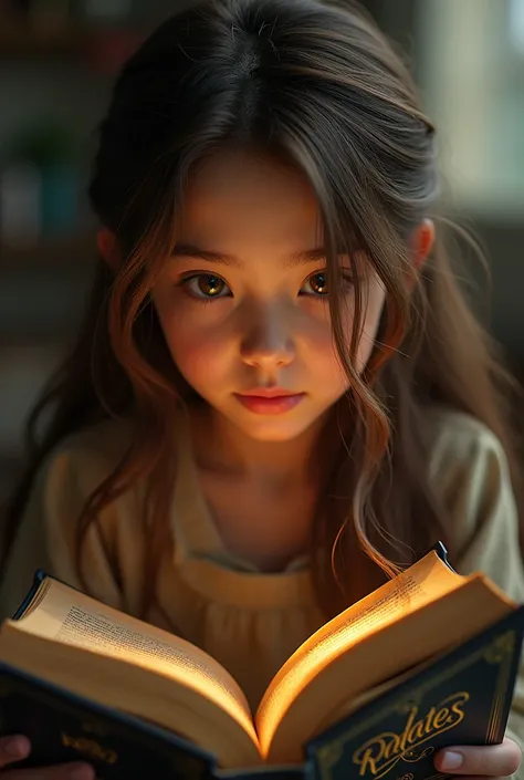 Picture of a brown-haired girl reading a book whose cover has the word RALDES in gold 