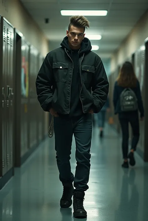 short but stylish gang member hair ,  walking with his hands in his pockets through the school corridors