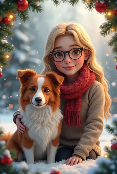 Create a.Christmas image with a blond lady wearing glasses with a Border Collienred Merle