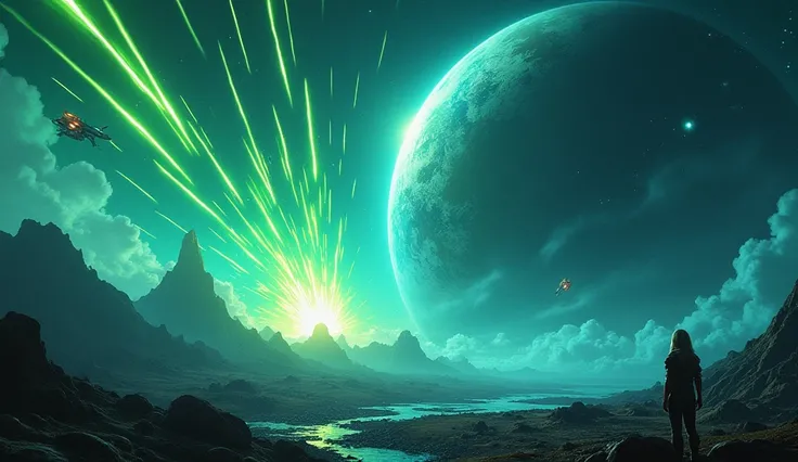 The alien fleet fires plasma beams toward the peaceful planet, lighting up the scene with intense, neon green and blue streaks. The bright, chaotic bursts contrast starkly with the calmness of the planets atmosphere. The image conveys the beginning of chao...