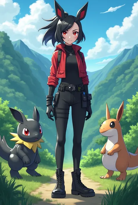 yor forger as a pokemon trainer, red eyes, full body picture, ((masterpiece))