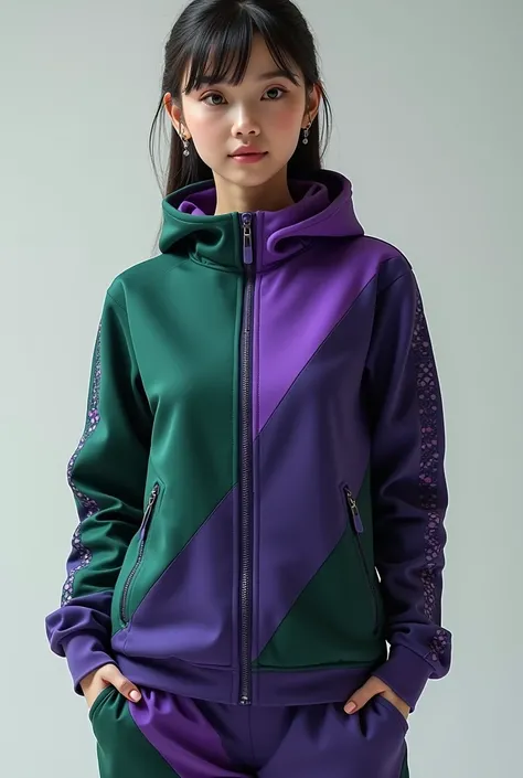  The image must represent a sportswear set with a geometric design.  The currently blue part must be replaced by an intense purple , In the hexadecimal code  #831296.  The part that is in light green must be replaced by a dark green , In the hexadecimal co...