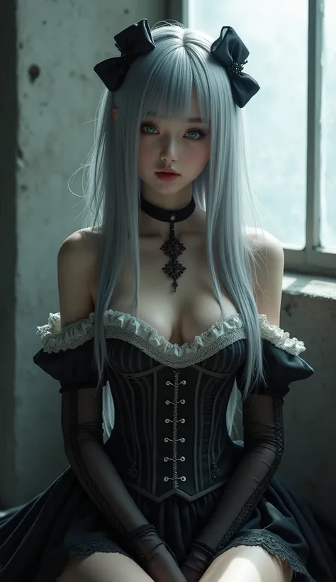 (masterpiece, Best Quality, hyper Detailed, hyper Realistic Gothic girl:1.3), beautiful Pretty Japanese IG model, glamorous body, Happy, render of April, (all body shot, sitting, active pose:1.2), (Detailed wear, all body wear:1.2), Monochrome Costume, Opt...