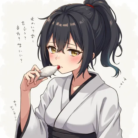 1woman, black hair, ponytail, golden eyes, white kimono, black sash, black haori, tired face, sucking a cock