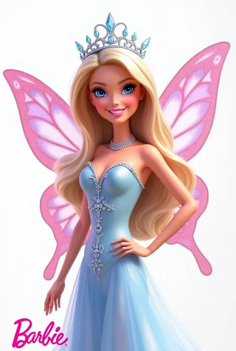 A woman in a Barbie-style pixar drawing, represented by the version of Barbie known as Butterfly Barbie. Her hair is long, blonde and shiny, with soft, loose waves. Her face is oval-shaped with soft, delicate features. Her eyes are large and bright blue, w...