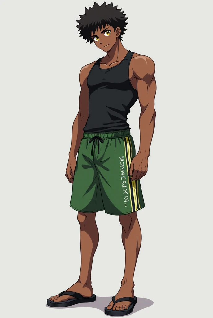 Play an anime character with brown skin and yellow eyes with curly black hair with a gradient shaved on the side he wears a tight black blouse and he has a defined physique and green shorts with several letters and symbols with stripes of the same color an...