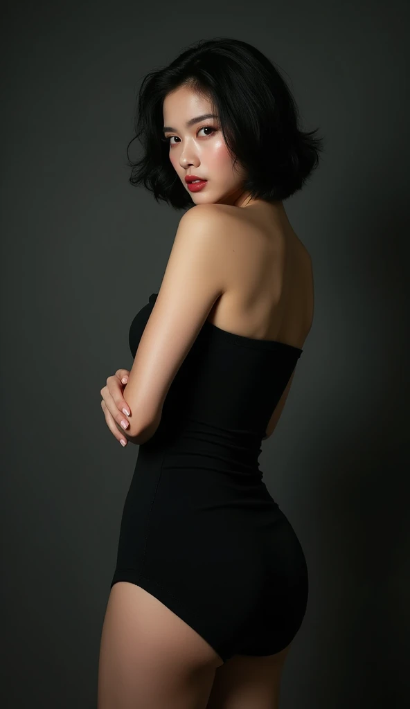 Half body photography of young beautiful Korean lady, very short black hair in black dress, big breasts,  turning sideways , wearing short skirt, looking straight to the camera. 