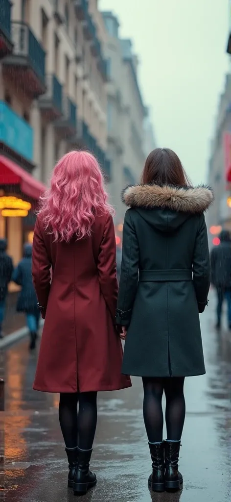 Take these two girls to a rainy street. The one with pink
hair is wearing a sexy coat and her hair is full and beautiful
and the other one is wearing manly coat her hair is short in front and sides but med in the back she is masculine