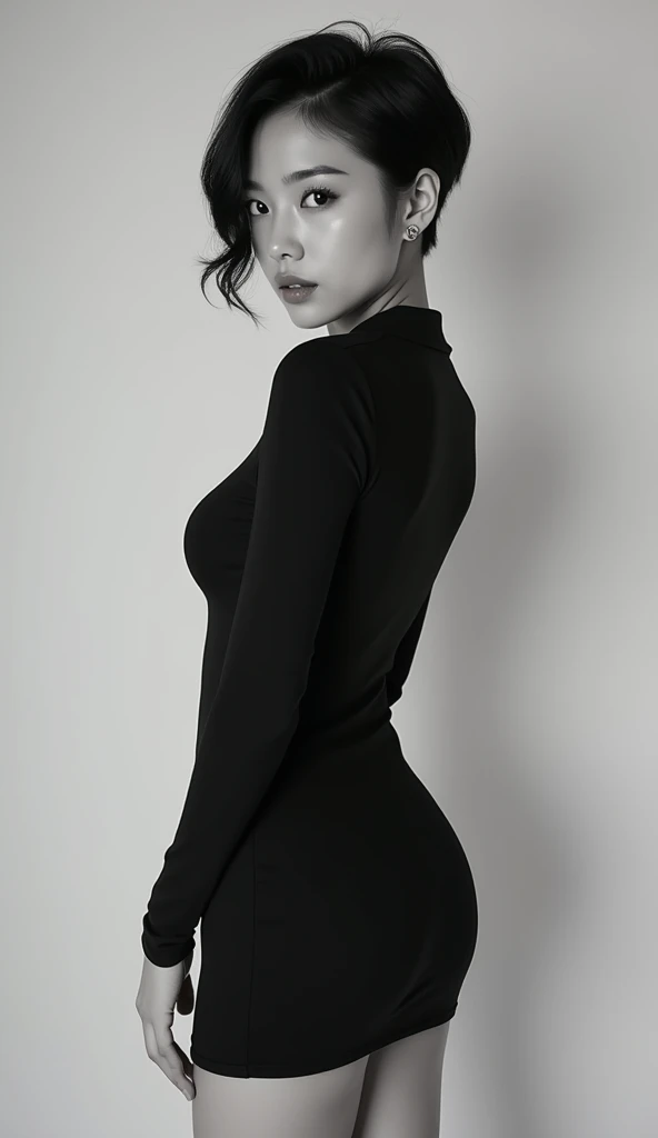 Half body photography of young beautiful Korean lady, very short black and white hair in black dress, big breasts,  turning sideways , wearing short skirt, looking straight to the camera. 