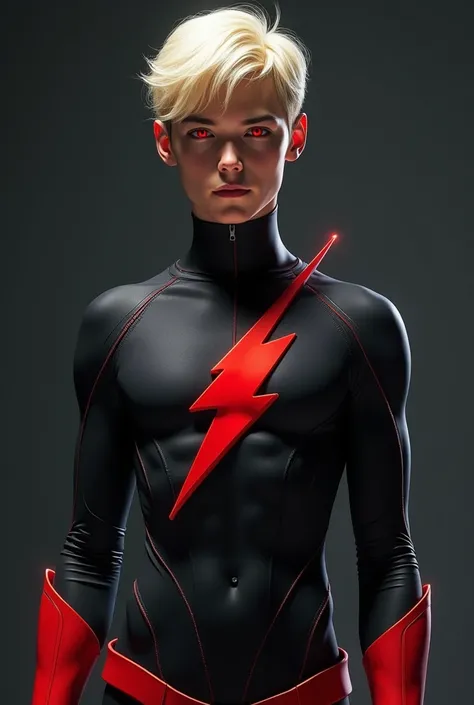 Young man with platinum blonde hair, red eyes wearing a flash suit but the color of the suit is black, while the boots are red, the lightning bolt on the chest is red