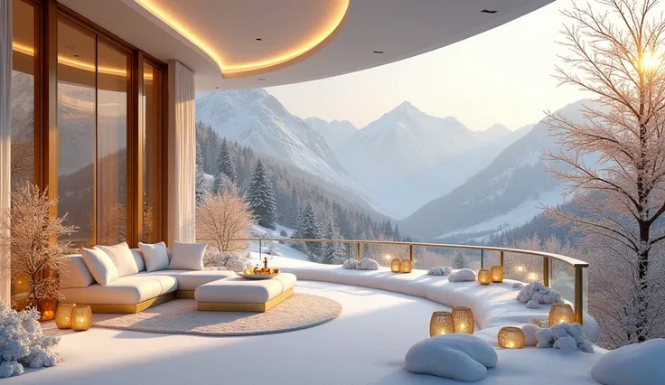  luxurious ambiance video Prompt :

A sublime ,  luxurious winter landscape ,  designed in an elegant color palette of white ,  beige and gold .  The scene shows a modern ,  opulent estate ,  nestled in a peaceful ,  snow-covered environment .  The golden ...