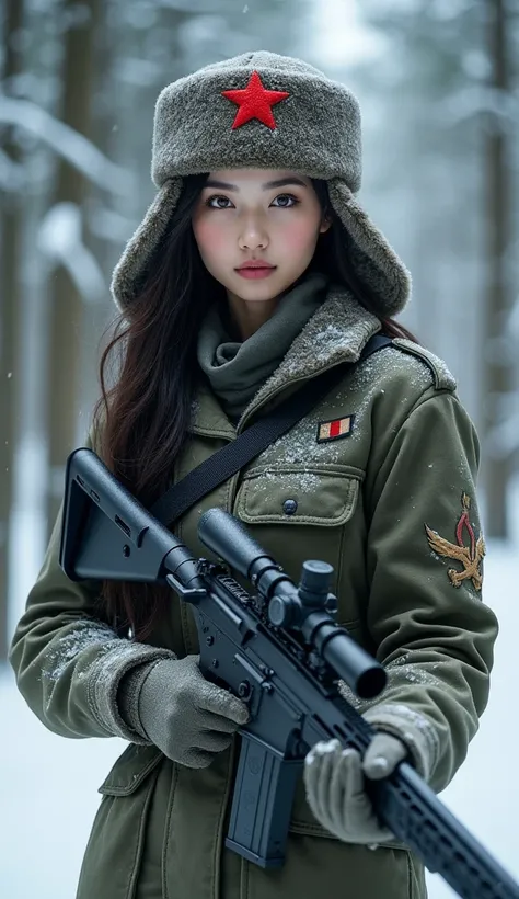 Young Beautiful Korean-Russian with Ushanka and wears soldier uniform, red star on middle ushanka surface, long black hair, among the snow forest, holding sniper rifle.