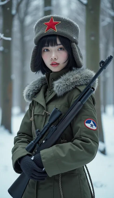 Young Beautiful Korean-Russian with Ushanka and wears soldier uniform, red star on middle ushanka surface, short black hair, among the snow forest, holding sniper rifle.