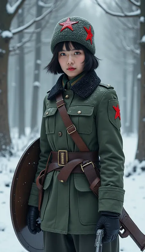 Young Beautiful Korean-Russian with Ushanka and wears soldier uniform, red star on middle ushanka surface, short black hair, among the snow forest, holding a shield and handgun.