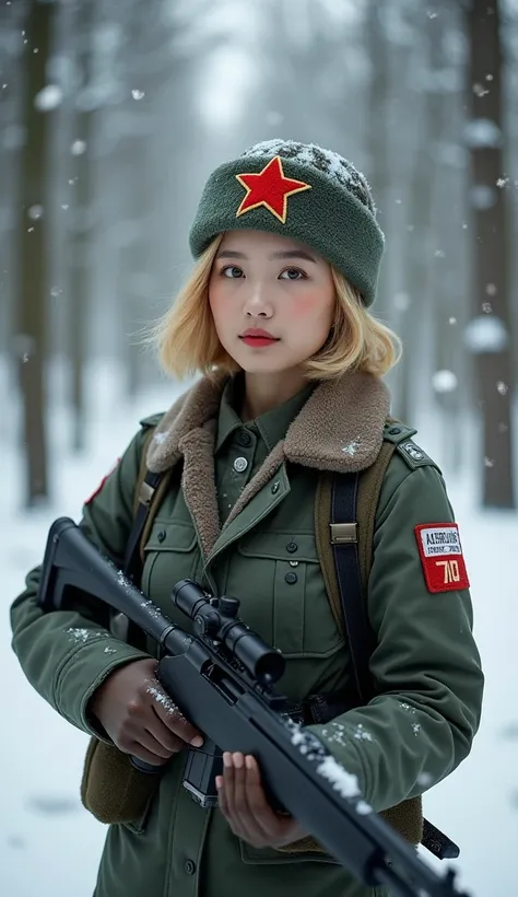 Young Beautiful Korean-Russian with Ushanka and wears soldier uniform, red star on middle ushanka surface, short blonde hair, among the snow forest, holding sniper rifle.