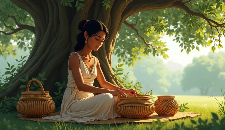 Ara, a kind young woman with a protective charm, sitting under a large tree, weaving baskets. Ara a dark skin woman 
