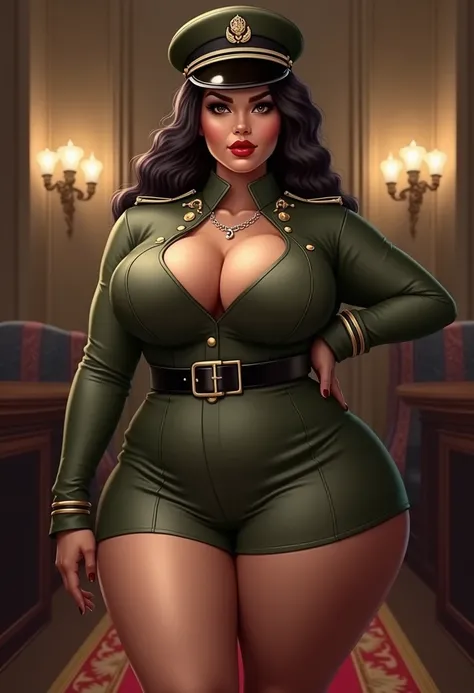 Sexi army brown green uniform sexy mini skirt thight and hat Ceremonial Uniform Big chubby breasts and thighs