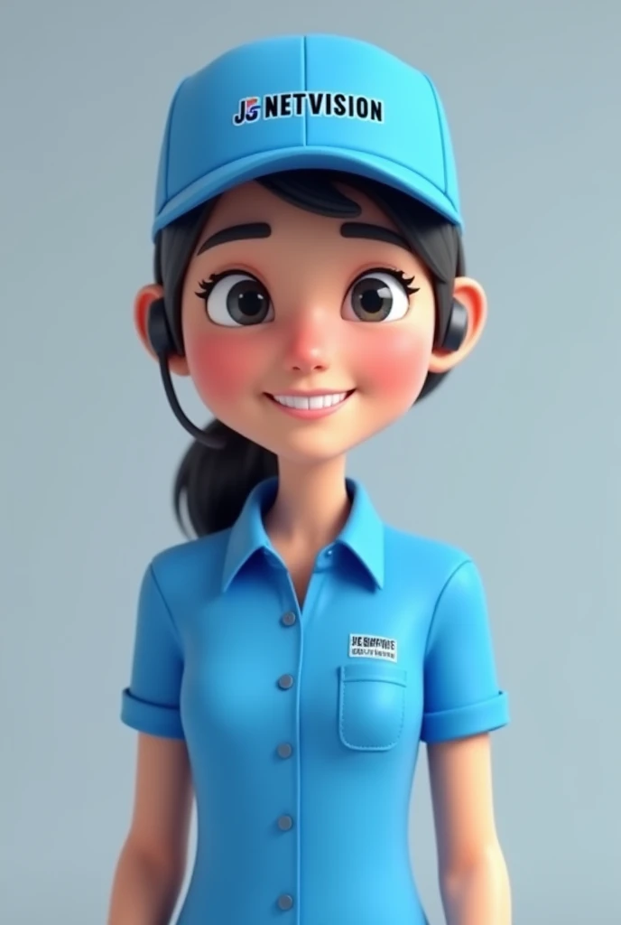  Creates an animation like customer service , That has a blue shirt and cap ,  and that is written in JG Netvision in black letters on both