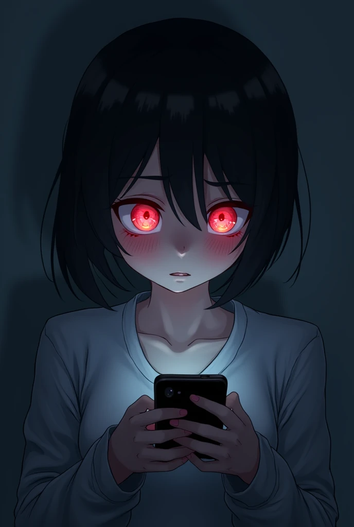 Create a person who is extremely addicted to the cell phone looking tired and red eyes I want the image to be anime-style rather than portraying a real person who is disturbed and extremely addicted to the cell phone