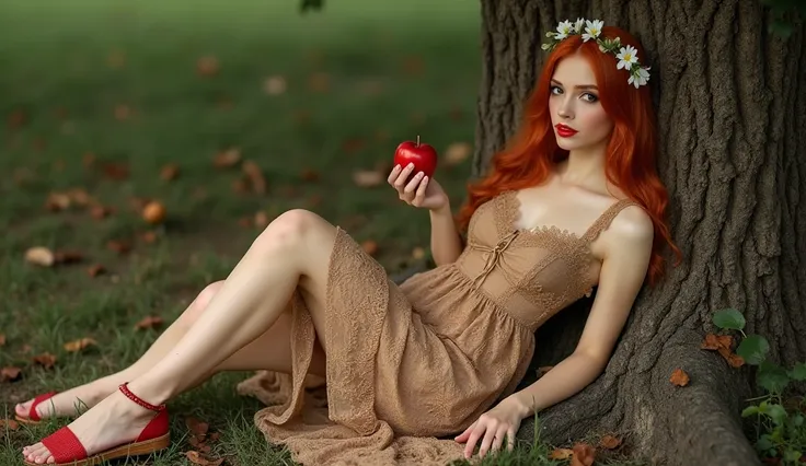  Create a work of art featuring a woman who embodies the essence of the Goddess.  wearing a brown lace dress  .  She is lying gracefully by the tree  , Holding an apple .  Her hair is red and is wearing a red sandal and white flowers around her head , Fron...