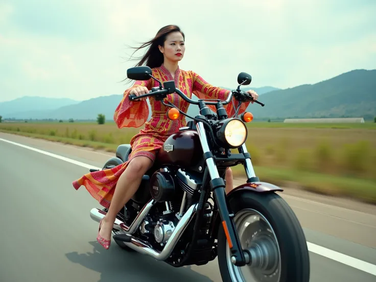 Laotian riding a harley motorcycle  on the highway at high speeds. She is wearing a traditional laotian sinh dress. The entire body and motorcycle should be visible