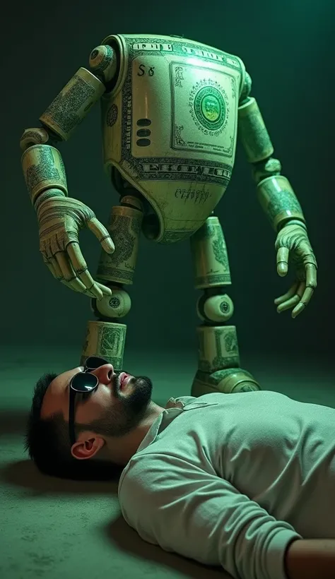 Overview:
A giant dollar bill with arms and legs stands on the chest of a man (inspired by Siavash Ghomayshi), who is lying on his side with his face turned toward the camera. The dollar, towering and alive, is balanced on his chest, with its feet firmly p...