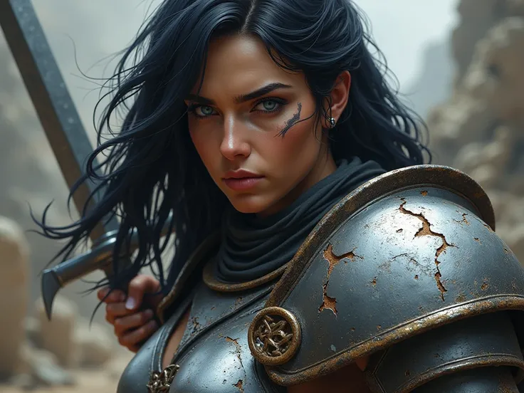 Female paladin, 28 years old and using damaged armour. Light brown skin, dark blue eyes, shoulder-length jet black hair, and a scar on her left eye. Fierce looking and showing no fear.