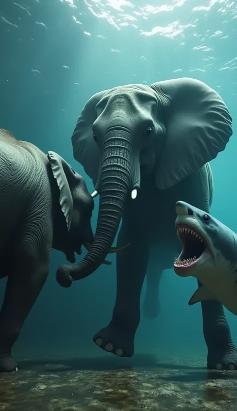 intense face-off between elephant and shark