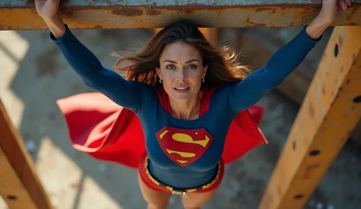 Supergirl 1984s sorrindo ((( Supergirl com 60 anos de idade, seios grandes; powerful and delicious breasts; brunette, very beautiful Supergirl 1980s  flying(((smile))), (((clothing faithful to 1983s Supergirl DC Comics costume; Supergirl evil black uniform...