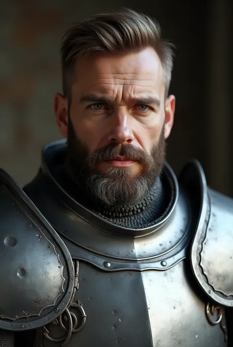  Create an image of a knight in metal armor for 30 years,  looking at the camera . he is Russian .  Neat beard .  He must be turned his shoulders and face the viewer ,  with a clear expression of strength and confidence .  You can see his head , shoulders ...