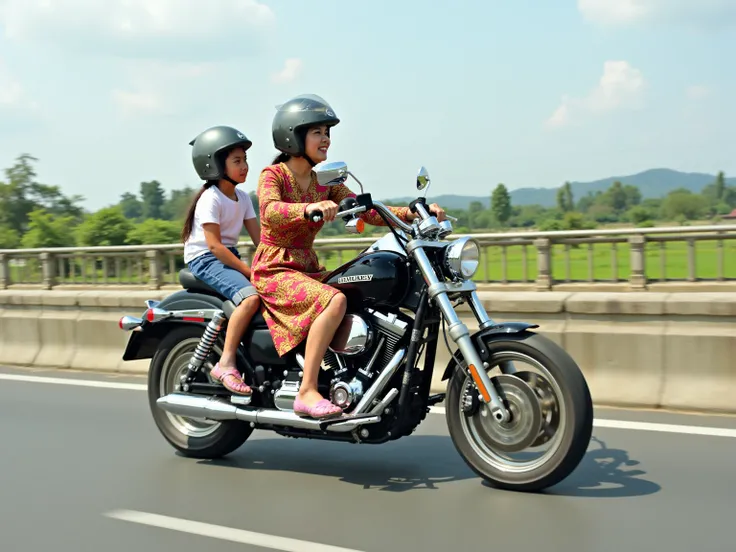 Laotian riding a harley motorcycle  on the highway at high speeds. She is wearing a traditional laotian sinh dress. The entire body and motorcycle should be visible. Her daughter is a passenger on the motorcycle and is seated in front of the laotian woman