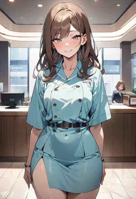 top quality, masterpiece,  high res, 8k,  anatomically correct human body, 1 girl, Alone, mature woman, ( with expressive dark brown hangings), ((( bright brown hair ))), (((Receptionist))), standing, (((cowboy shot))), (Receptionistの水色のユニフォーム), (((Light b...