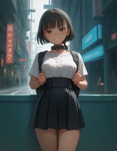  1 girl,  black hair,  low twin tail ,  short twin tail,  dark eyes,  white frill collar shirt, , High Waist Skirt , ,smile,,Half an eye, medium breasts,,,  electro nipples  ,city, standing, Sweating , black backpack ,looking viewer, thighs,,Interrupt