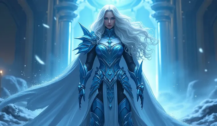 A fearsome ice mage Jaina Proudmoore from World of Warcraft, ice magic, dramatic pose, epic fantasy, intricate details, cinematic lighting, realistic hyper-detailed character, beautiful piercing eyes, detailed facial features, flowing icy hair, ornate ice ...