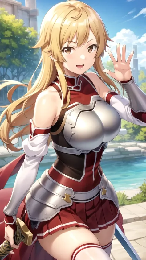 masterpiece, best quality, high quality, girl, solo, looking at viewer, shuuji_nakamura, brown eyes, blonde hair, large breasts, Sword art online cosplay, bare shoulders, armor, breastplate, white sleeves, detached sleeves, red skirt, pleated skirt, white ...