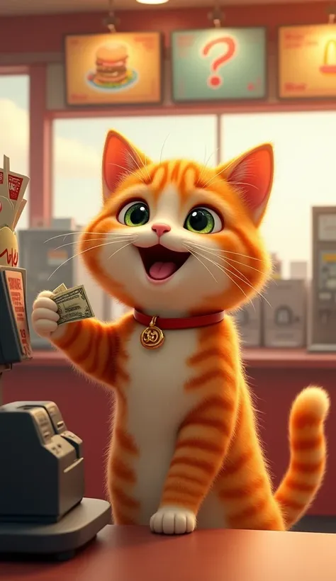 

"A heartwarming and whimsical digital artwork of an anthropomorphic orange tabby cat standing upright at a fast-food counter. The cat has vibrant orange fur with soft, fluffy textures and cream-colored accents on its face and chest, showcasing realistic ...