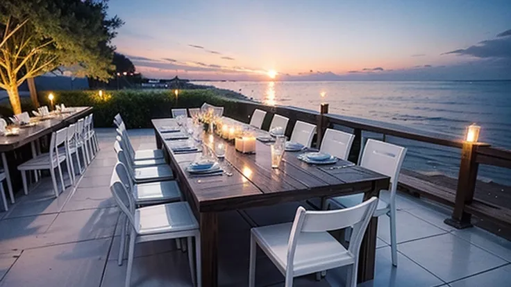 beach Wedding party , With table, chair , nighttime , There are a lot of beautiful bulbs